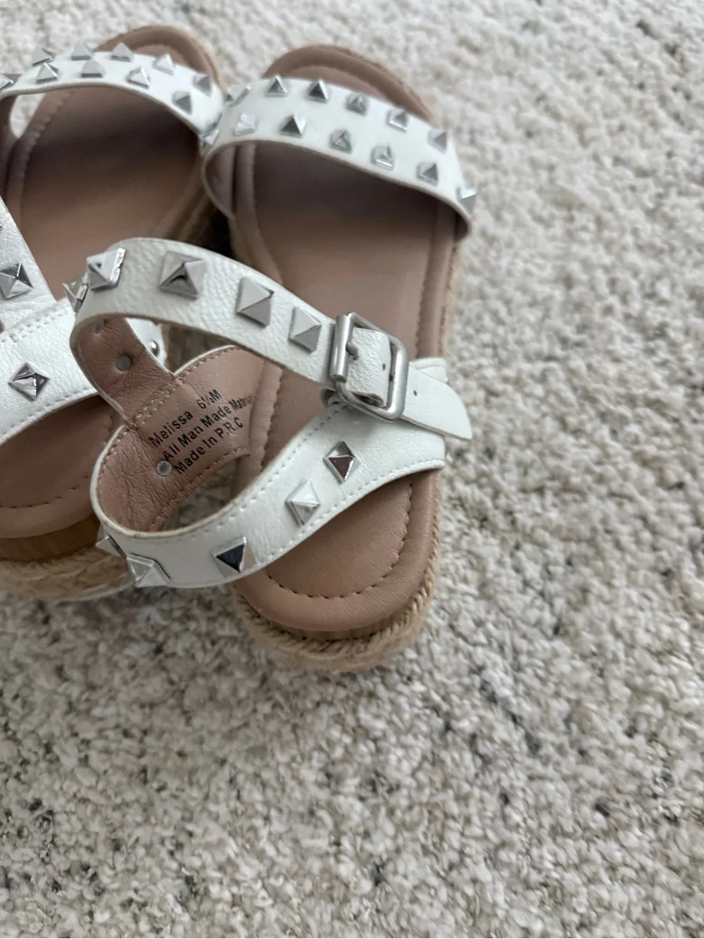 Silver-Studded White Espadrille Wedge Sandals